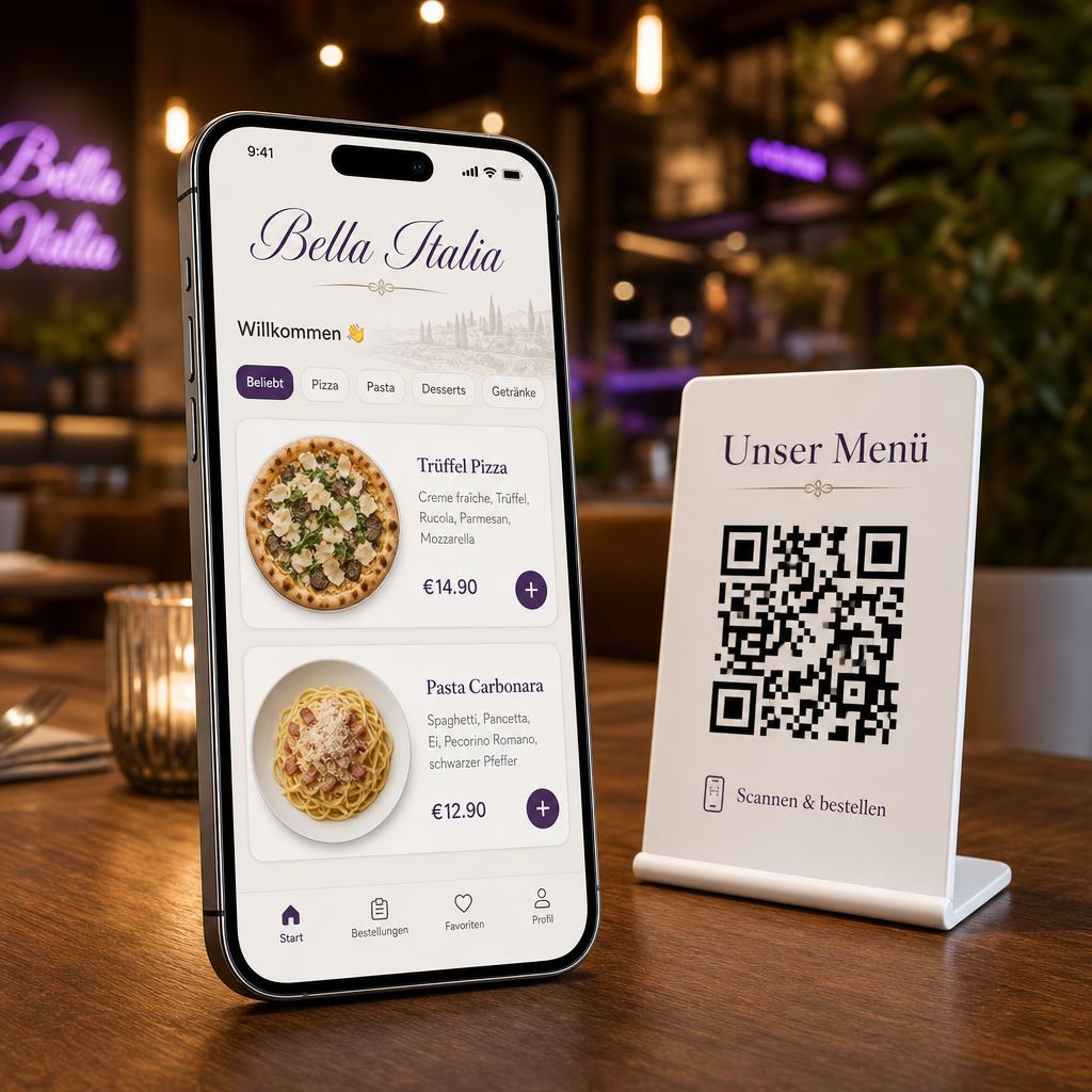 Menuvia digital menu on iPhone with QR code stand in restaurant